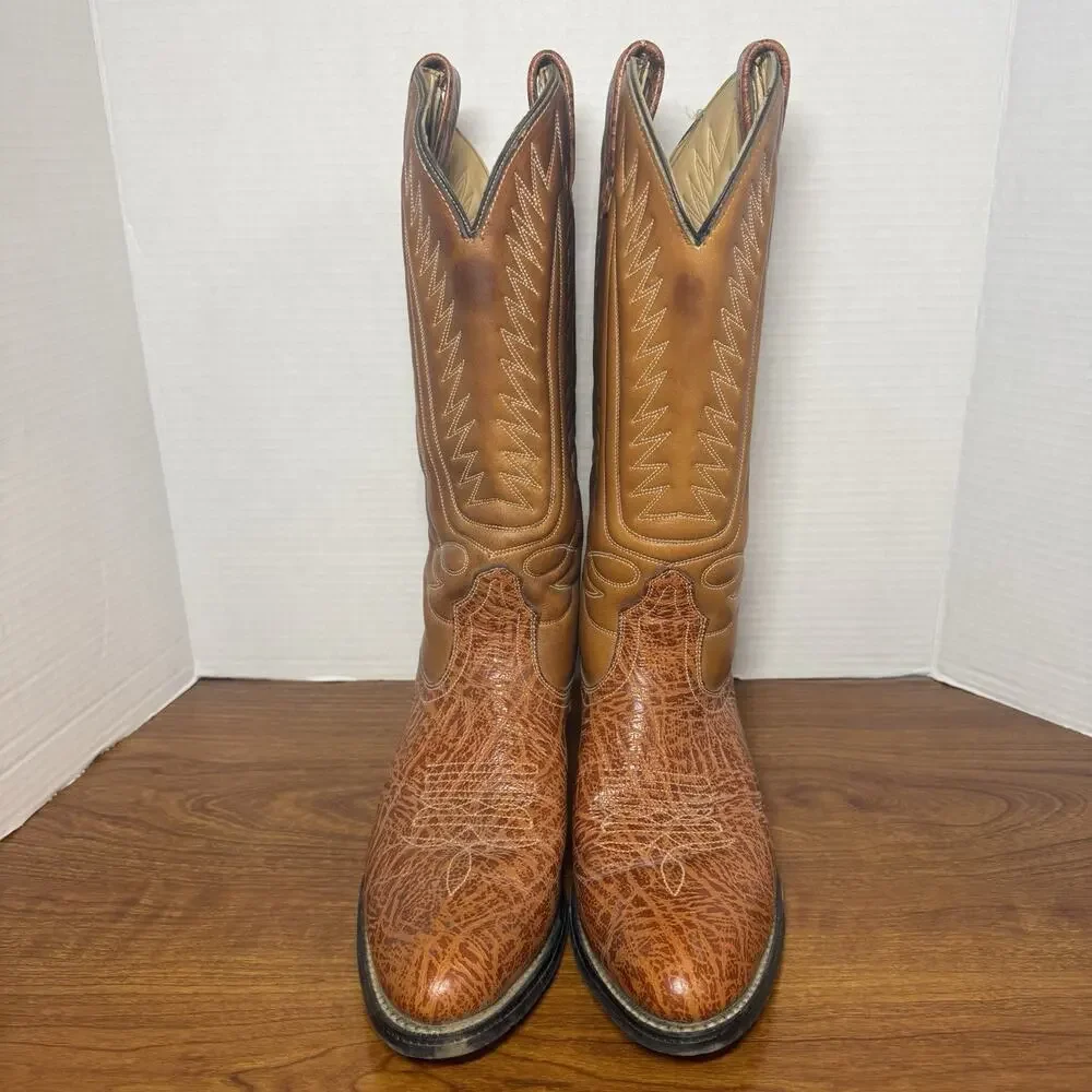 Men’s Vintage Tan Bullhide / Brown Leather Cowboy Boots Sz 9 B